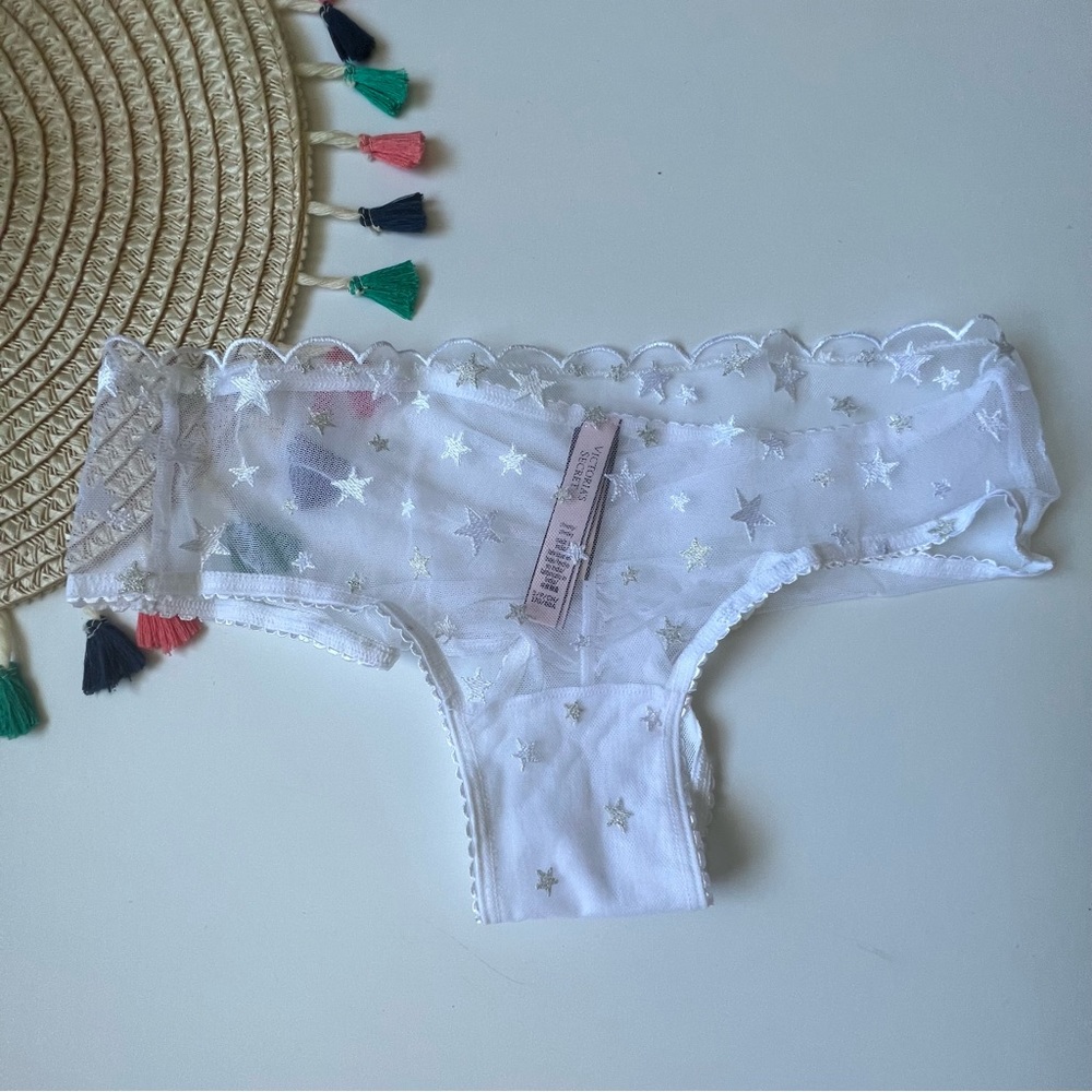 Victoria's Secret The Lacie Cheeky Panty Star Sheer Mesh Silver Star Small NEW